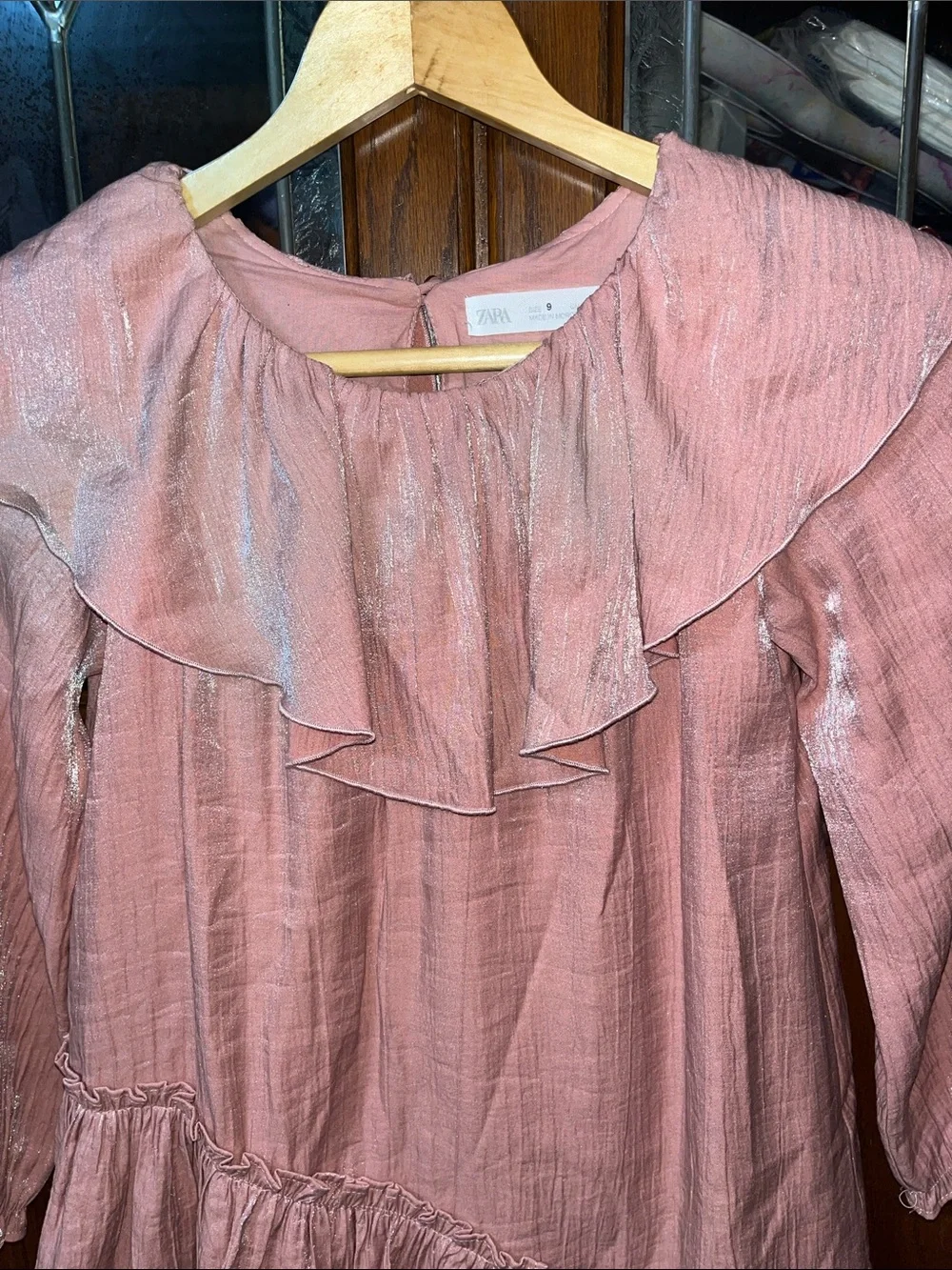Zara Dusty Pink Shimmering Ruffle-Trim Dress Size 9